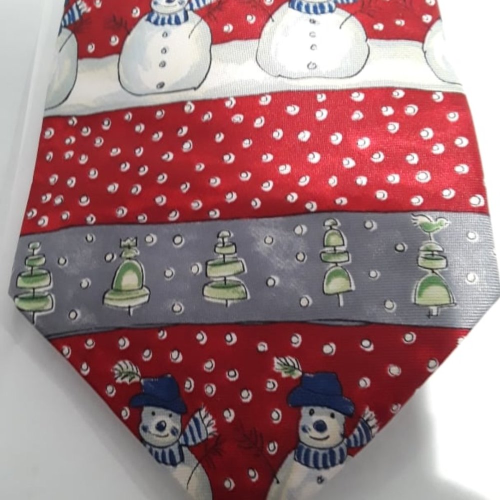 PALATINA CHRISTMAS NECKTIE - 100% SILK - SNOWMAN & TREES - RED - WHITE & SILVER